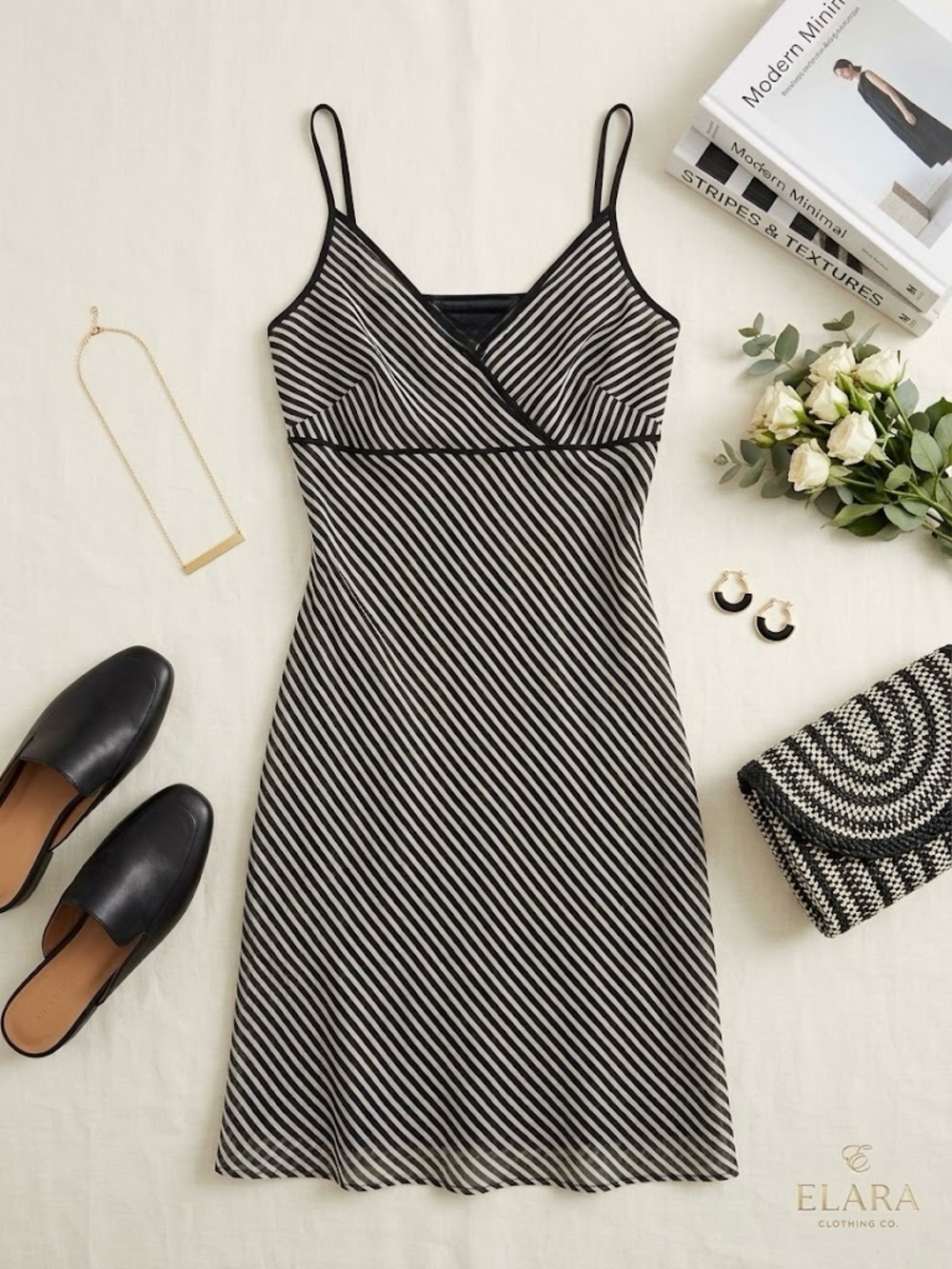 Black and White Diagonal Stripe Slip Dress with Spaghetti Straps